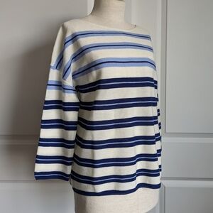 FRNCH Sweater Wool Blend Crew Neck Elbow Sleeves Striped Denim Blue M/L NWT